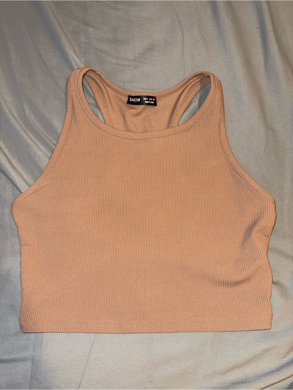 SHEIN Ribbed Racerback Crop Tank Top in Peachy Beige